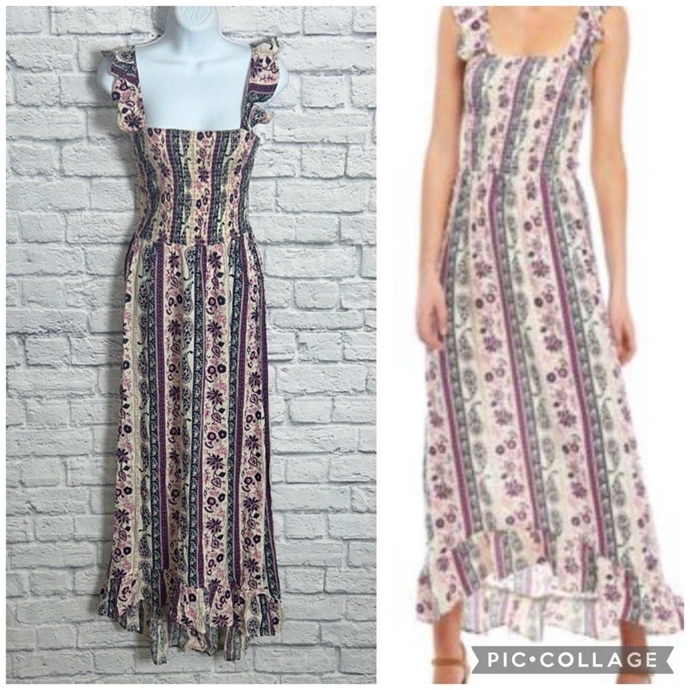 True Craft Small Floral Striped Smocked Ruffle Hi-Lo Maxi Dress